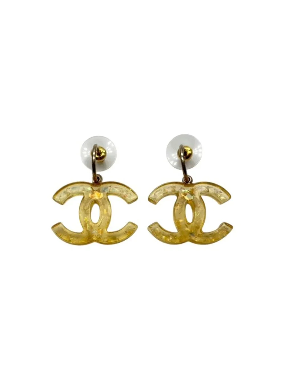 Chanel CC Logo Dangling Earrings 08 Resin Glitter Clear Yellow